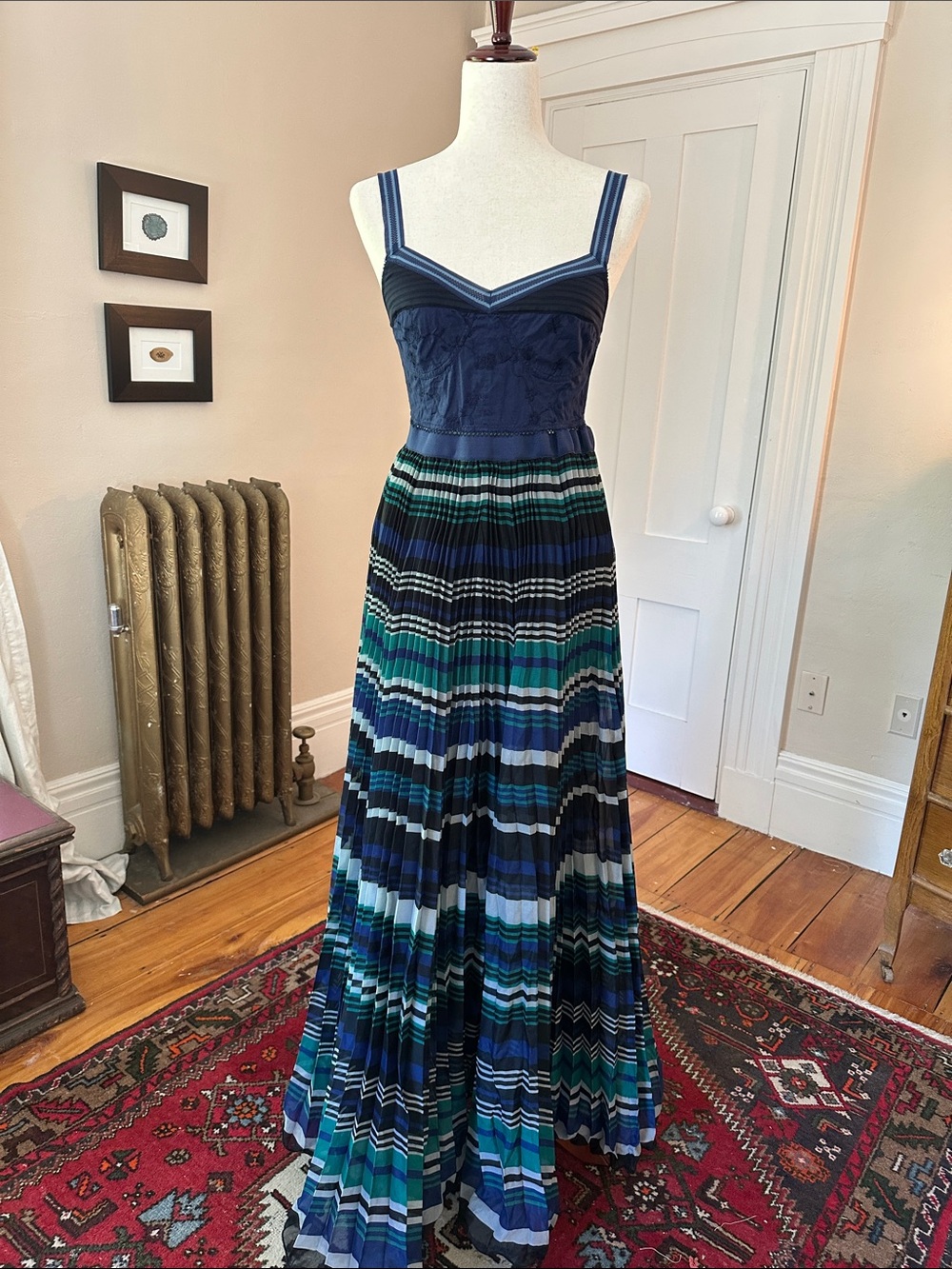 Free People Navy & Teal Striped Pleated Maxi Dress